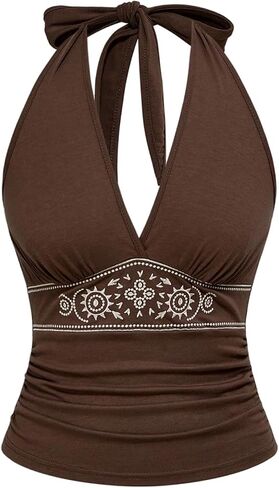 Milumia Women's Western Halter Tank Top V Neck Tie Backless Ruched Going Out Tops 70s Cowgirl Hippie Outfits in Saudi Arabia