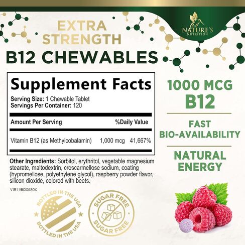 Vitamin B12 (Methylcobalamin) 1000 mcg - Chewable Tablet for Energy, Nervous System & Brain Support - Maximum Strength, Fast Dissolve, Vegan, Gluten-Free, Non-GMO for Women & Men - 120 Tablets in Saudi Arabia