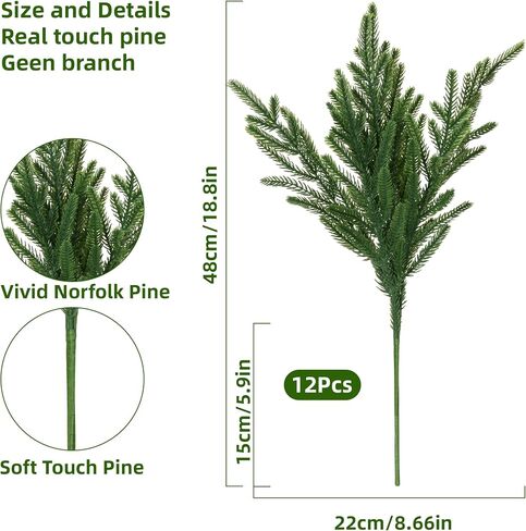12 Pcs Christmas Norfolk Pine Branches 18 Inch Artificial Norfolk Pine Stems Faux Stem Greenery Pine for DIY Crafts Garland Wreath Xmas and Home Decor in Saudi Arabia