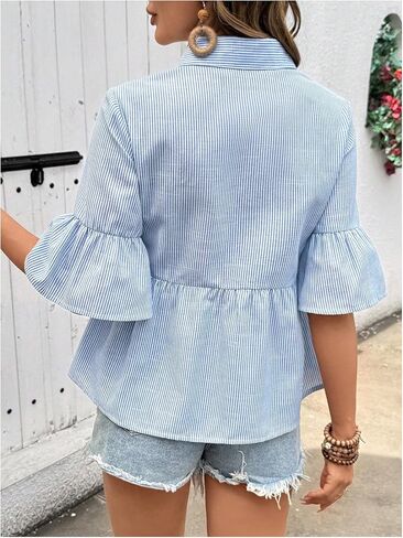 SweatyRocks Women's Summer Ruffle Button Down Peplum Shirts Striped Half Sleeve Flowy Collar Blouse Tops in Saudi Arabia