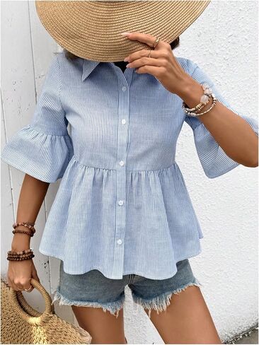 SweatyRocks Women's Summer Ruffle Button Down Peplum Shirts Striped Half Sleeve Flowy Collar Blouse Tops in Saudi Arabia