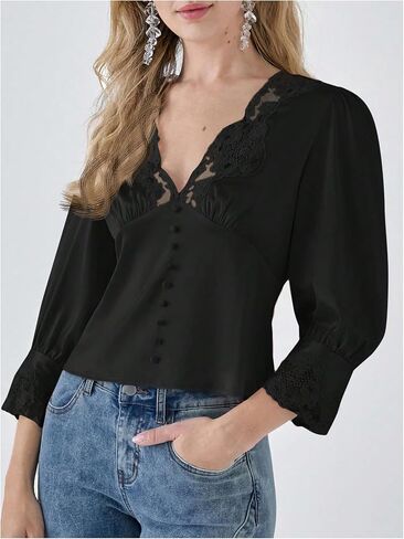 MakeMeChic Women's Floral Lace Lantern Sleeve Blouse V Neck Button Front Dressy Tops in Saudi Arabia