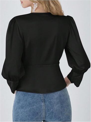 MakeMeChic Women's Floral Lace Lantern Sleeve Blouse V Neck Button Front Dressy Tops in Saudi Arabia