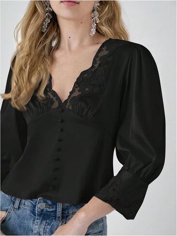 MakeMeChic Women's Floral Lace Lantern Sleeve Blouse V Neck Button Front Dressy Tops in Saudi Arabia
