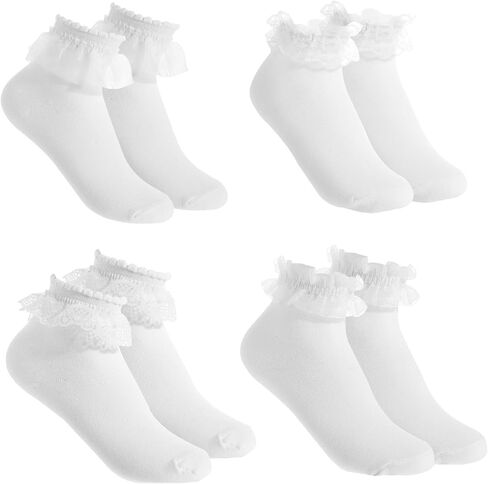 4 Pairs White Lace Ruffle Socks, Cute Lace Frilly Ankle Socks Cotton Ballet Sock Comfortable Princess Sock for Women in Saudi Arabia
