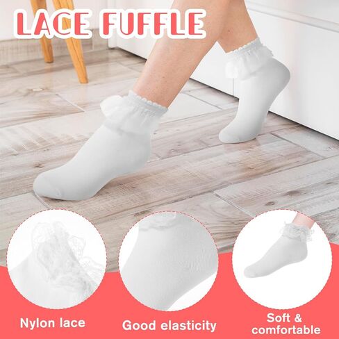 4 Pairs White Lace Ruffle Socks, Cute Lace Frilly Ankle Socks Cotton Ballet Sock Comfortable Princess Sock for Women in Saudi Arabia