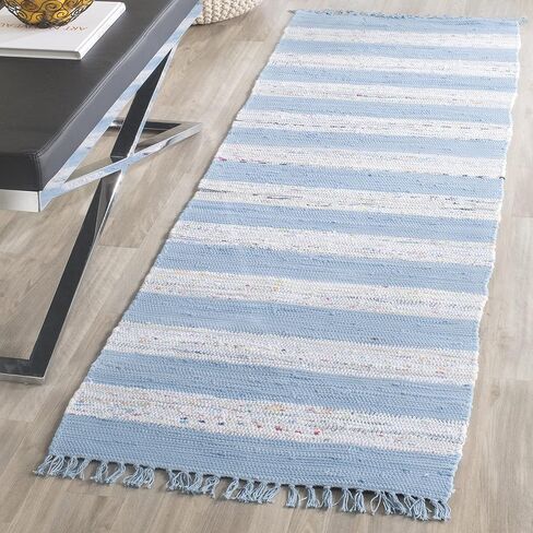 SAFAVIEH Montauk Collection Runner Rug - 2'3" x 7', Ivory & Turquoise, Handmade Stripe Fringe Cotton, Ideal for High Traffic Areas in Living Room, Bedroom (MTK720C) in Saudi Arabia