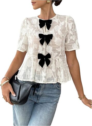GORGLITTER Women's Floral Blouses Dressy Bow Babydoll Tops Short Sleeve Sheer Shirts Cute Peplum Top 2025 in Saudi Arabia
