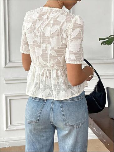 GORGLITTER Women's Floral Blouses Dressy Bow Babydoll Tops Short Sleeve Sheer Shirts Cute Peplum Top 2025 in Saudi Arabia