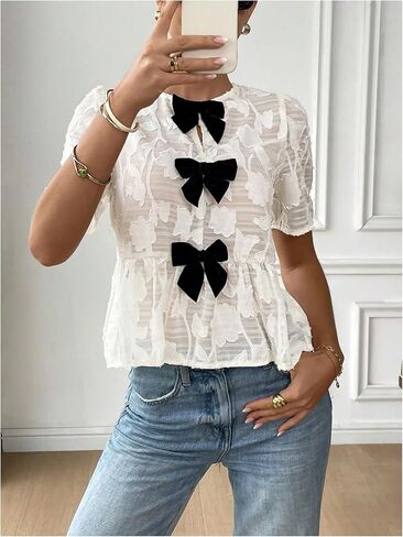 GORGLITTER Women's Floral Blouses Dressy Bow Babydoll Tops Short Sleeve Sheer Shirts Cute Peplum Top 2025 in Saudi Arabia