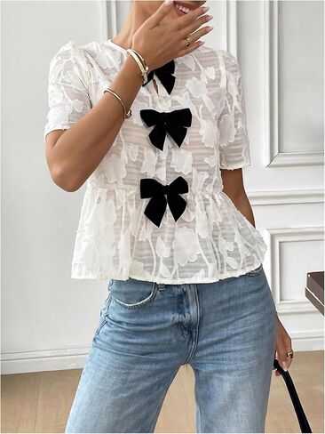 GORGLITTER Women's Floral Blouses Dressy Bow Babydoll Tops Short Sleeve Sheer Shirts Cute Peplum Top 2025 in Saudi Arabia