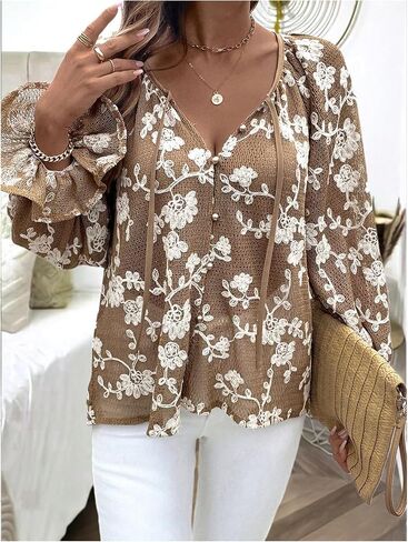 SOLY HUX Women's Floral Blouse V Neck Button Down Flounce Long Sleeve Tie Front Vacation Casual Tops in Saudi Arabia