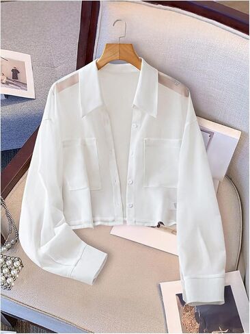 SweatyRocks Women's See Through Long Sleeve Button Down Blouse Shirt Tops with Pocket in Saudi Arabia