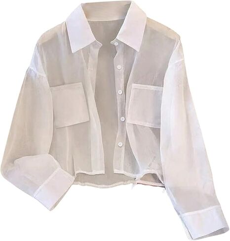SweatyRocks Women's See Through Long Sleeve Button Down Blouse Shirt Tops with Pocket in Saudi Arabia