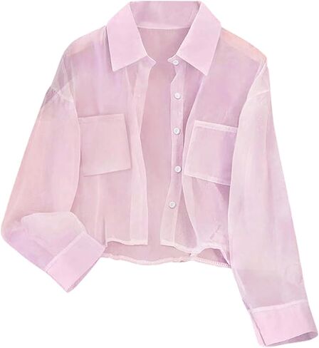 SweatyRocks Women's See Through Long Sleeve Button Down Blouse Shirt Tops with Pocket in Saudi Arabia