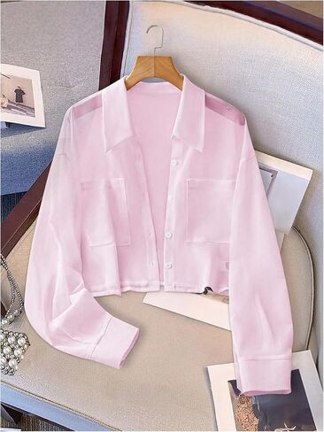 SweatyRocks Women's See Through Long Sleeve Button Down Blouse Shirt Tops with Pocket in Saudi Arabia