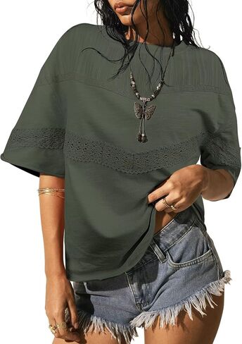 Womens Summer Tops Oversized Short Sleeve Boho Casual Shirts Flowy Lace Crochet Eyelet Loose Blouse Trendy 2025 in Kuwait
