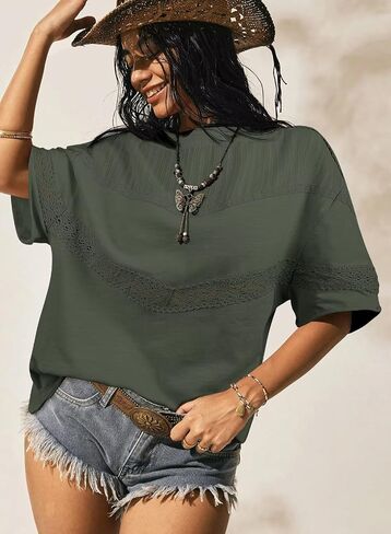 Womens Summer Tops Oversized Short Sleeve Boho Casual Shirts Flowy Lace Crochet Eyelet Loose Blouse Trendy 2025 in Kuwait