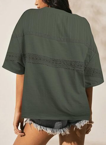 Womens Summer Tops Oversized Short Sleeve Boho Casual Shirts Flowy Lace Crochet Eyelet Loose Blouse Trendy 2025 in Kuwait