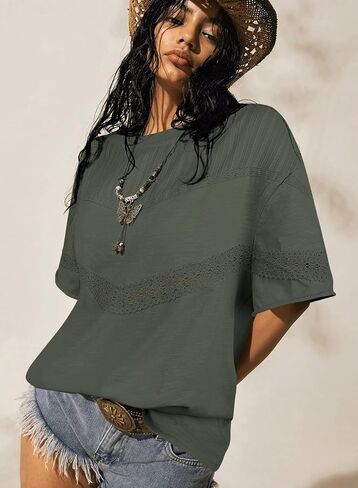 Womens Summer Tops Oversized Short Sleeve Boho Casual Shirts Flowy Lace Crochet Eyelet Loose Blouse Trendy 2025 in Kuwait