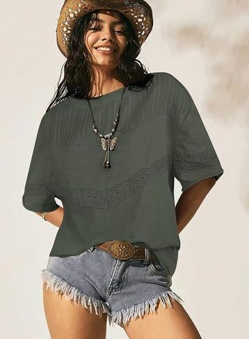 Womens Summer Tops Oversized Short Sleeve Boho Casual Shirts Flowy Lace Crochet Eyelet Loose Blouse Trendy 2025 in Kuwait