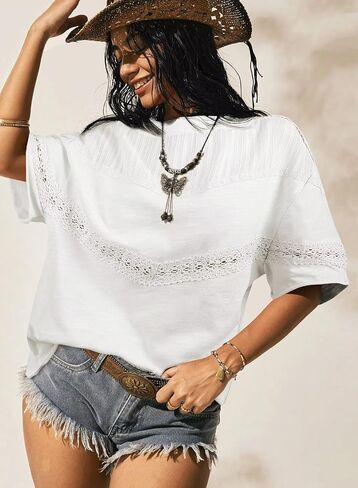 Womens Summer Tops Oversized Short Sleeve Boho Casual Shirts Flowy Lace Crochet Eyelet Loose Blouse Trendy 2025 in Kuwait