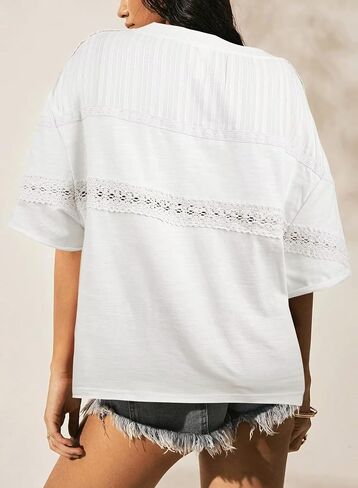 Womens Summer Tops Oversized Short Sleeve Boho Casual Shirts Flowy Lace Crochet Eyelet Loose Blouse Trendy 2025 in Kuwait