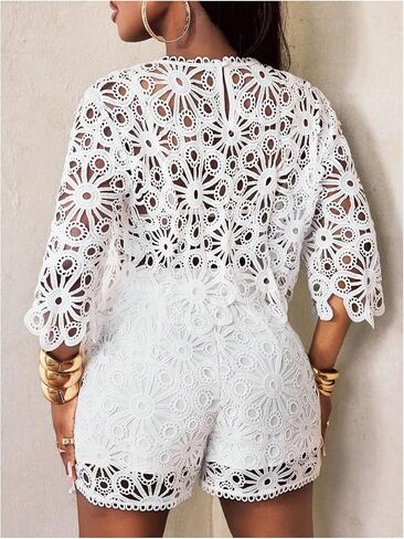 GORGLITTER Women's Eyelet Hollow Out Blouse Top Boho 3/4 Sleeve Crochet Crew Neck Asymmetrical Cropped Shirts in Saudi Arabia