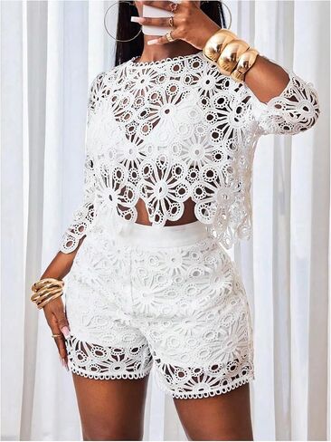 GORGLITTER Women's Eyelet Hollow Out Blouse Top Boho 3/4 Sleeve Crochet Crew Neck Asymmetrical Cropped Shirts in Saudi Arabia
