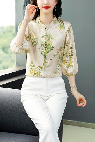 LAI MENG FIVE CATS Women's Casual Floral Print Puff Sleeve Button up Elegant Loose Blouses Top in Saudi Arabia