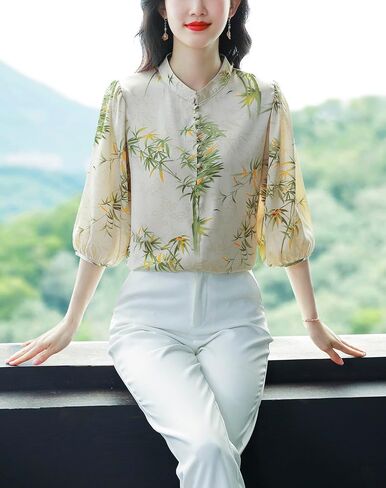 LAI MENG FIVE CATS Women's Casual Floral Print Puff Sleeve Button up Elegant Loose Blouses Top in Saudi Arabia