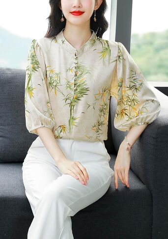 LAI MENG FIVE CATS Women's Casual Floral Print Puff Sleeve Button up Elegant Loose Blouses Top in Saudi Arabia