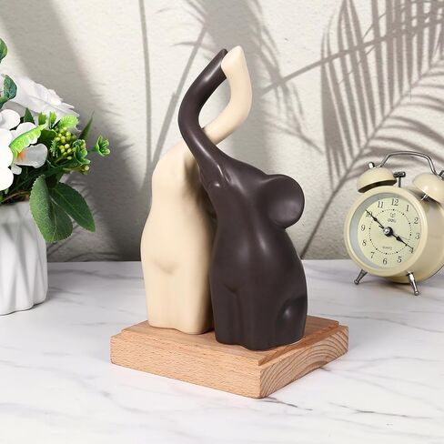 Loving Pair Elephant Statue Home Decor, Premium Ceramic Elephant Figurine Couple Set, Beige & Brown Ornament for Living Room Shelf Table Display (7.4" High) in Saudi Arabia
