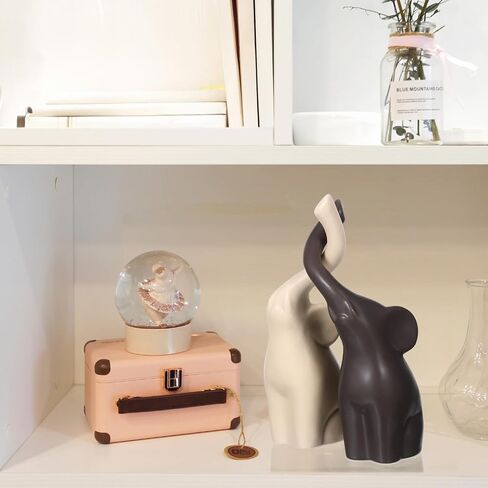 Loving Pair Elephant Statue Home Decor, Premium Ceramic Elephant Figurine Couple Set, Beige & Brown Ornament for Living Room Shelf Table Display (7.4" High) in Saudi Arabia