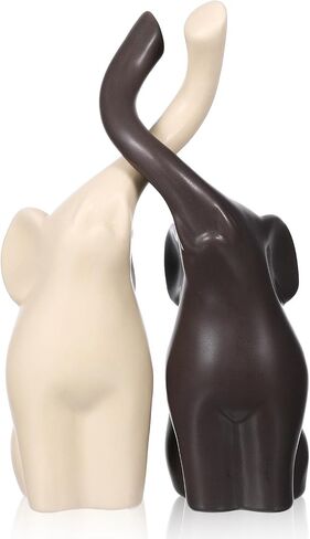 Loving Pair Elephant Statue Home Decor, Premium Ceramic Elephant Figurine Couple Set, Beige & Brown Ornament for Living Room Shelf Table Display (7.4" High) in Saudi Arabia