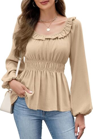 Womens Puff Long Sleeve Babydoll Tops Square Neck Ruffle Peplum Blouse Smocked Loose Fit Tunic Top Dressy Tee Shirts in Saudi Arabia