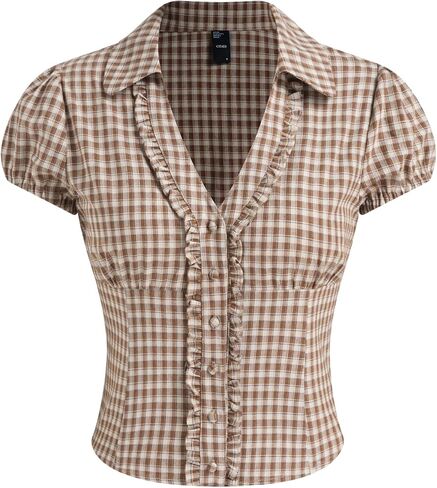 CIDER Plaid Shirts for Women Gingham Checkered V Neck Button Down Short Sleeve Casual Blouse Women Cotton Top in Saudi Arabia