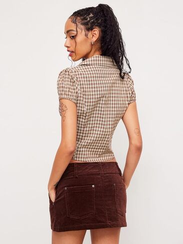 CIDER Plaid Shirts for Women Gingham Checkered V Neck Button Down Short Sleeve Casual Blouse Women Cotton Top in Saudi Arabia
