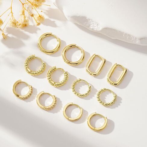 6 Pairs 14K Gold Hoop Earrings Set for Women Lightweight Chunky Multipack Hypoallergenic Non Tarnish Thick Open Twisted Jewelry for Gifts for Her in Saudi Arabia