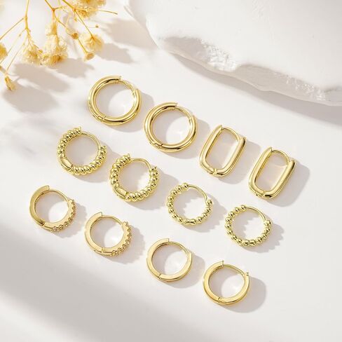 6 Pairs 14K Gold Hoop Earrings Set for Women Lightweight Chunky Multipack Hypoallergenic Non Tarnish Thick Open Twisted Jewelry for Gifts for Her in Saudi Arabia