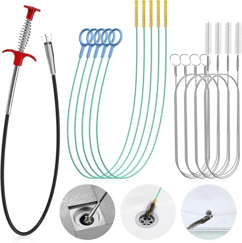 9 Pack Drain Clog Remover Tools, 30" Hair Drain Snake (5 Pcs) & 35.5" Sewer Cleaning Hook (1 Pc) & 59" Drain Brush (3 Pcs), Sink Snake Hair Removal Tool for Shower, Kitchen, Bathtub Drain Cleaning in Saudi Arabia