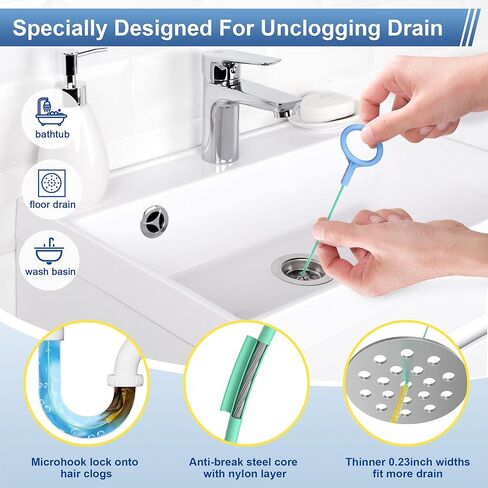 9 Pack Drain Clog Remover Tools, 30" Hair Drain Snake (5 Pcs) & 35.5" Sewer Cleaning Hook (1 Pc) & 59" Drain Brush (3 Pcs), Sink Snake Hair Removal Tool for Shower, Kitchen, Bathtub Drain Cleaning in Saudi Arabia