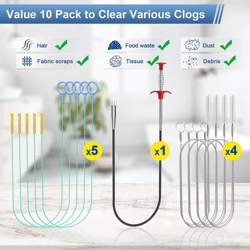 9 Pack Drain Clog Remover Tools, 30" Hair Drain Snake (5 Pcs) & 35.5" Sewer Cleaning Hook (1 Pc) & 59" Drain Brush (3 Pcs), Sink Snake Hair Removal Tool for Shower, Kitchen, Bathtub Drain Cleaning in Saudi Arabia