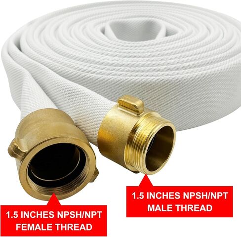 Fire Hose, White, 2 inches x 50' Lay Flat Heavy Duty Backwash/Discharge Hose, NPSH/NPT Brass Connectors (2" NPSH/NPT-50FT) in Kuwait