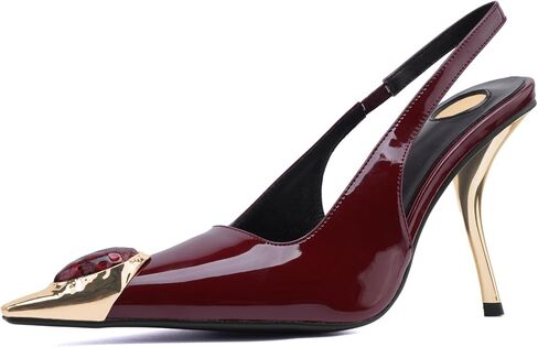 كعب Slingback للنساء بمقدمة مدببة بدون ظهر وكعب عالٍ 4 بوصة وكعب عالٍ مطاطي سهل الارتداء من الجلد اللامع فستان مريح للحفلات الراقصة in Kuwait