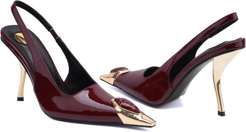 كعب Slingback للنساء بمقدمة مدببة بدون ظهر وكعب عالٍ 4 بوصة وكعب عالٍ مطاطي سهل الارتداء من الجلد اللامع فستان مريح للحفلات الراقصة in Kuwait