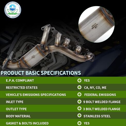 طقم محول حفاز مشعب العادم الأمامي 3.7 لتر متوافق مع 2007-2012 تشيفي كولورادو، 2007-2012 جي إم سي كانيون، 2007-2008 هامر H3، 2007-2008 ايسوزو i-370 متوافق مع وكالة حماية البيئة in Kuwait