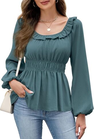 Womens Puff Long Sleeve Babydoll Tops Square Neck Ruffle Peplum Blouse Smocked Loose Fit Tunic Top Dressy Tee Shirts in Saudi Arabia
