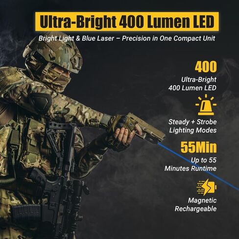 HiLight - PS5B التكتيكي - مصباح يدوي ستروب 400 لومن وليزر فردي (أزرق) - ألومنيوم من فئة الطائرات، بطارية USB مغناطيسية قابلة لإعادة الشحن - ضوء مثبت على السكك الحديدية وفئة ليزر دقيقة من IIIA، <5 ميجاوات in Kuwait