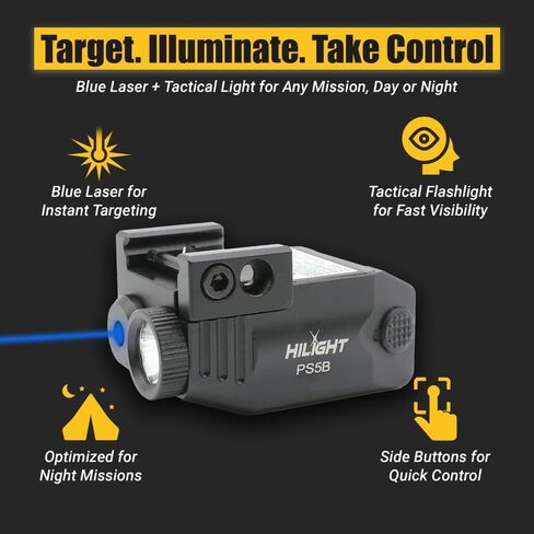 HiLight - PS5B التكتيكي - مصباح يدوي ستروب 400 لومن وليزر فردي (أزرق) - ألومنيوم من فئة الطائرات، بطارية USB مغناطيسية قابلة لإعادة الشحن - ضوء مثبت على السكك الحديدية وفئة ليزر دقيقة من IIIA، <5 ميجاوات in Kuwait